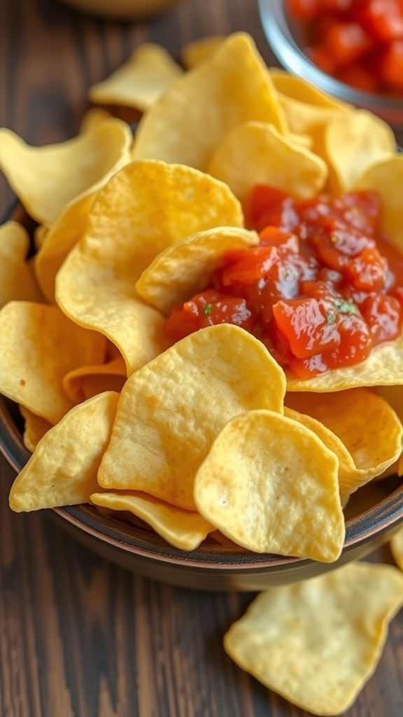 A bowl of crispy tortilla chips with salsa on a wooden table.